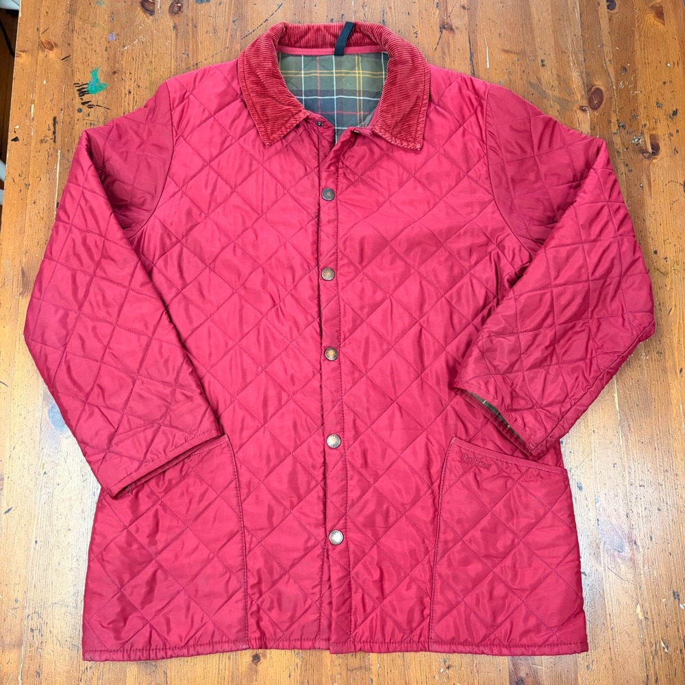 Barbour Mens Quilted Jacket Red Tartan Lining Corduroy Collar Snap Front L/XL